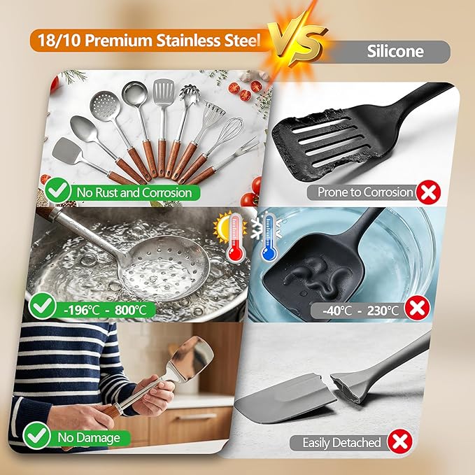 9PCS 18/8 Stainless Steel Kitchen Utensils, Stainless Steel Cooking Utensils with Wooden Handle, Metal Cooking Utensils Set, Spatula, Ladle, Skimmer, Spaghetti Spoon, Potato Masher, Easy To Clean