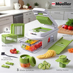 Mueller Pro-Series All-in-One, 12 Blade Mandoline Slicer for Kitchen, Food Chopper, Cucumber Slicer and Spiralizer, Cutter, Dicer, Grater, Gifts for Mom, Kitchen Essentials, White Sand/Green