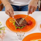 DaYammi 150Pcs Orange Plastic Plates & Gold Cutlery with Orange Handle,orange Disposable Plates with Gold Rim Set Include 30 Dinner Plate,30 Dessert Plate,30 Knive,30 Forks,30 Spoons for Party Wedding