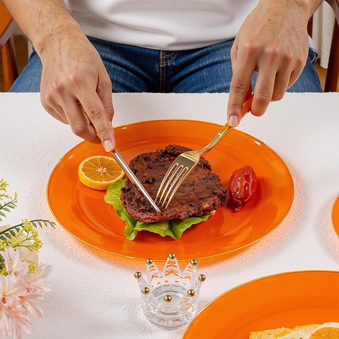 DaYammi 150Pcs Orange Plastic Plates & Gold Cutlery with Orange Handle,orange Disposable Plates with Gold Rim Set Include 30 Dinner Plate,30 Dessert Plate,30 Knive,30 Forks,30 Spoons for Party Wedding