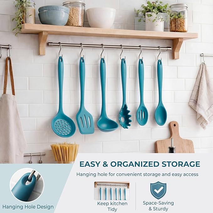 TeamFar Silicone Cooking Utensils Set of 6, Kitchen Utensils Set, Includes Ladle Slotted Turner for Non-stick Cookware, Healthy & One-Piece, Non-Scratch & Heat Resistant, Dishwasher Safe, Dark Blue