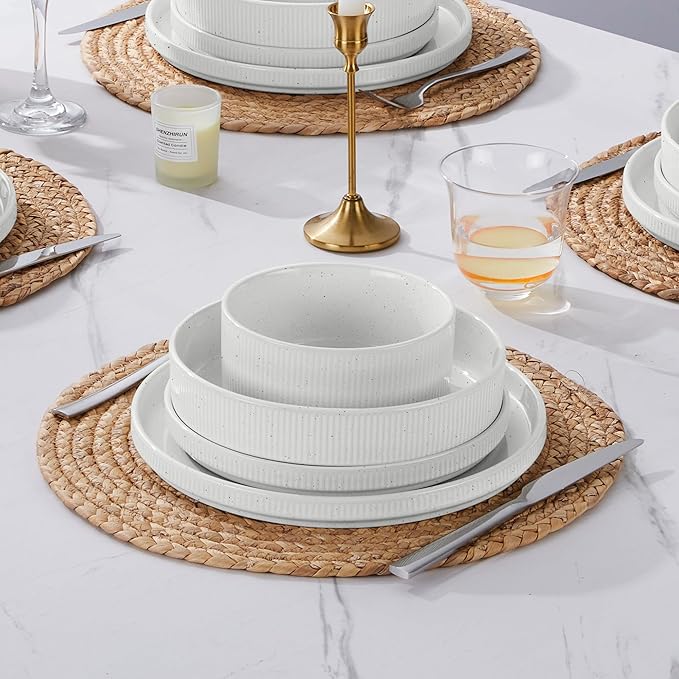 E-far 16 Piece Dinnerware Sets, Plates and Bowls with Pasta Bowls Service for 4, Modern Stoneware Ribbed Dishes for Kitchen Dining, Microwave & Dishwasher Safe, Speckled White