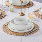 E-far 16 Piece Dinnerware Sets, Plates and Bowls with Pasta Bowls Service for 4, Modern Stoneware Ribbed Dishes for Kitchen Dining, Microwave & Dishwasher Safe, Speckled White
