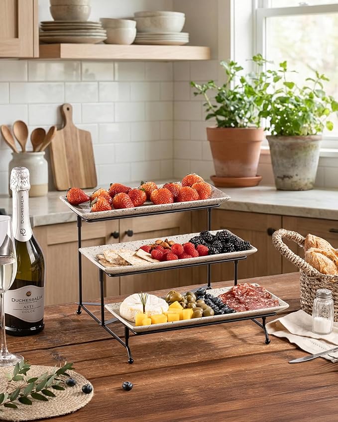 LAUCHUH 3 Tier Serving Tray, Porcelain Serving Platters and Trays for Party 12 Inch Tiered Tray Stand Cupcake Stand with Collapsible Sturdier Rack for Mother's Day Serving Food, Speckled Glaze