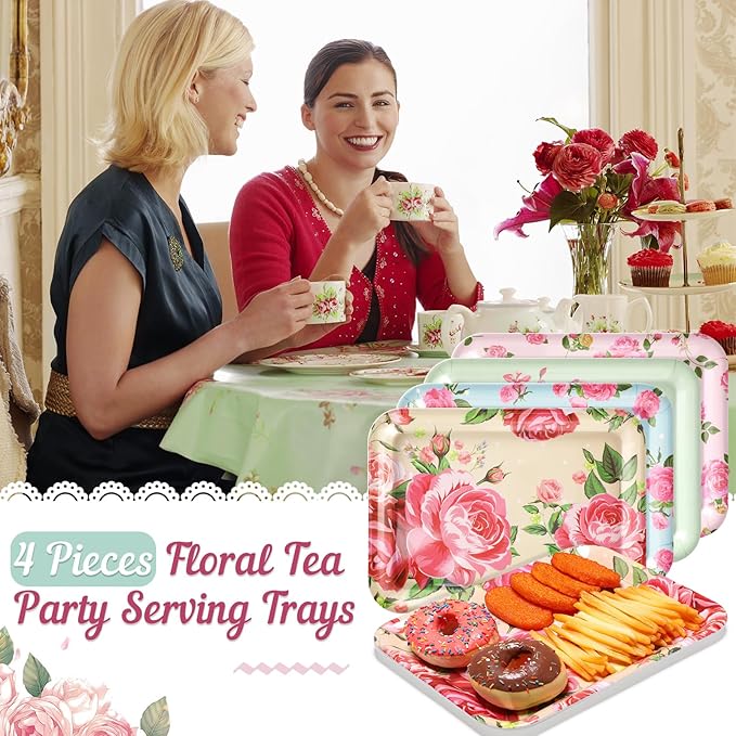 4 Pcs Melamine Serving Trays Platters Snack Trays Reusable Rectangle Platters for Sports Game Day Flower Tea Party Food Dessert Cookies Serving Plates Supplies, 13 x 9.7 Inch(Flower)