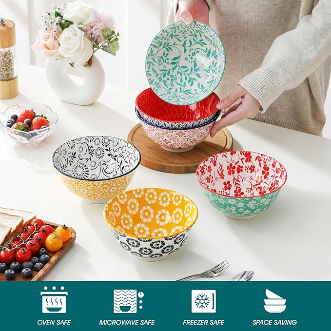 vancasso SELENE 24 oz Cereal Bowls set of 6, Ceramic Soup Bowls for Kitchen, Dishwasher & Microwave Oven Safe- for Cereal, Soup, Pasta, Salad, Vivid Floral Design Bowl Set