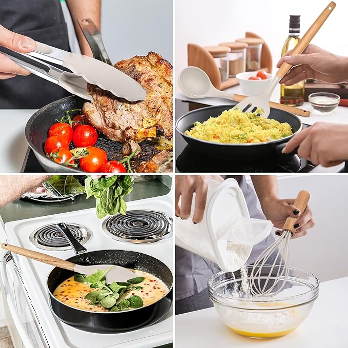 E-far Kitchen Utensils Set of 12, Silicone Cooking Utensils with Holder, Non-stick Cookware Friendly & Heat Resistant, Includes Spatula Tong Whisk Ladle Brush Slotted Turner Spoon(Khaki)