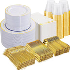 NOCCUR 700PCS Gold Plastic Plates - Gold Disposable Dinnerware Set for 100 - Include 200 Dinner/Dessert Plates, 300 Cutlery, 100 Cups, 100 Napkins, Idea for Wedding/Party/New Year