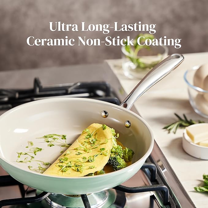 Redchef Ceramic Non Stick Pan, Large Skillet for Stir-Fry & Dinner, Chemical Free Healthy Coating, High Heat Performance, PTFE & PFAS & PFOA Free, Mint Green, 11 Inch