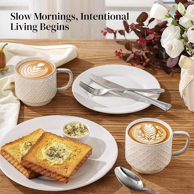 DOWAN 12oz Coffee Mugs Set of 4, Ceramic Coffee Mugs, Stackable Cappuccino Cups, Microwave Safe, Thick-Walled Design for Heat Retention, Office and Home Use