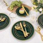 WDF Partyware 350PCS Green and Gold Plates - Green Plastic Plates 50Guests Plastic Plate with Rolled Napkins for Party/Birthday
