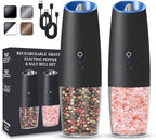 Rechargeable Electric Salt and Pepper Grinder set of 2, gravity electric salt and pepper grinder set, Adjustable Roughness, LED Light, 2 Pack, (Black)