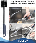 ROSEOK 2 in 1 Long Handle Bottle Brush with Straw Brush for Cleaning Glass, Sports Bottle, Coffee Mug, Gray, 1 Pack