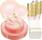 DaYammi 175 Pcs Pink Plastic Plates Dinnerware Set (25 Guests), Pink Disposable Plates, Hammered Party Platos Set Include Dinner Platos, Dessert Plates, Cups, Cutlery for Mother's Day Party