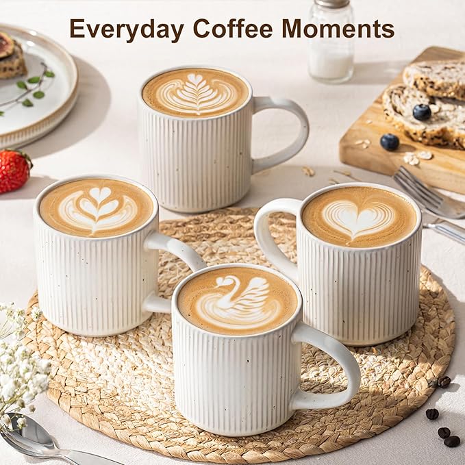 Coffee Mug Set for 4-12oz Ceramic Stoneware Mugs for Coffee, Tea, Cocoa, Microwave & Dishwasher Safe, Speckled White