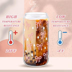 2 Pcs Coquette Pink Bow Glasses Cups, 16oz Cute Bow Glass Cups with Lid Brush and Straw Aesthetic Iced Coffee Cup, Girly Preppy Design Glasses Drinking for Teen Girls Women Men Kids Gift Trendy Stuff