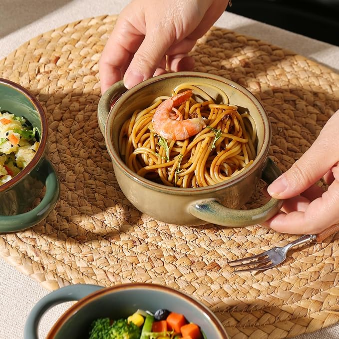 MONITO Ceramic Salad Bowl with Handles, 16 oz French Onion Soup Bowls, Ceramic Soup Bowls for Cereal, Pasta, Chilli, Beef Stew, Stackable Serving Bowl Set of 4 (16 OZ)