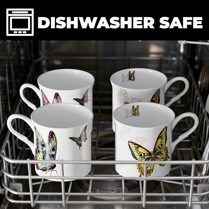 Ceramic Coffee Mugs Set of 4, 12 Oz Butterfly Pattern, Microwave and Dishwasher Safe, Comfortable Handles, Gifts for Women and Men, for Coffee, Tea, Latte, Cappuccino