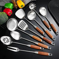 Stainless Steel Kitchen Utensils 12.5"-14" Wooden Handle Metal Cooking Utensils Set 9 PCS, Solid and Slotted Spoon, Fork, Spatula, Ladle, Skimmer, Slotted Tunner, Spaghetti Large Spoon