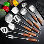 Stainless Steel Kitchen Utensils 12.5"-14" Wooden Handle Metal Cooking Utensils Set 9 PCS, Solid and Slotted Spoon, Fork, Spatula, Ladle, Skimmer, Slotted Tunner, Spaghetti Large Spoon