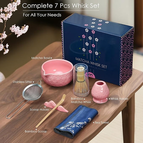 7Pcs Matcha Whisk Set, Matcha Set Whisk and Bowl,Bamboo Scoop, Scoop Rest, Sifter and Tea Towel, Matcha Kit W/Carved Cherry Blossm Pattern for Matcha Lovers (Sakura Pink)