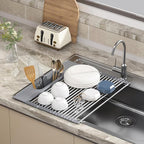 Roll Up Dish Drying Rack Over Sink, 17.5" x 15.2" Foldable SUS304 Stainless Steel Kitchen Dish Drainer, Heat-Resistant Multipurpose Rolling Sink Rack Organizer,Grey