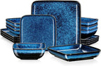 vancasso Stern Blue Dinnerware Set Square Tableware 16 Pieces Kitchen Dinnerware Stoneware Crockery Set with Dinner Plate, Dessert Plate, Bowl and Soup Plate Service for 4