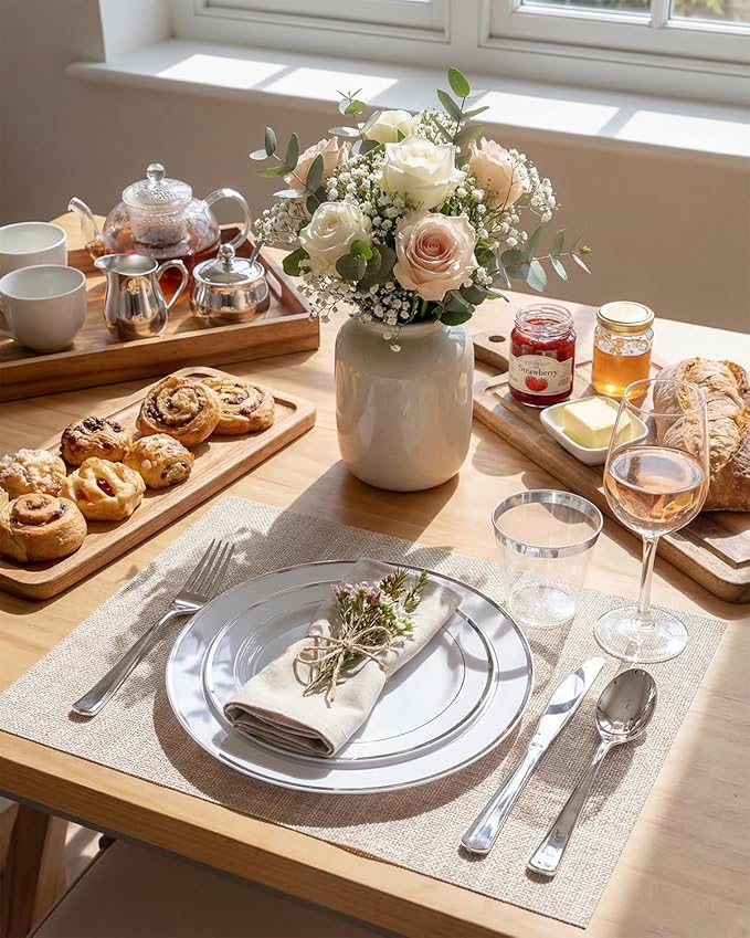 bUCLA 300PCS Silver Disposable Plastic Dinnerware Set - 50 Guests White Silver Disposable Plates Include 50 Dinner Plates,50 Dessert Plates,50 Knives,50 Forks,50 Spoons,50 Cups for Party & Christmas