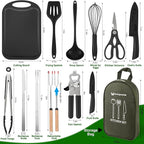 Camping Essentials Cookware Cooking Utensils Set - Portable Camp Kitchen Mess Kit Outdoor Accessories, Stainless Steel & Silicone, Camping Gear Equipment for RV Picnic Grill, Green