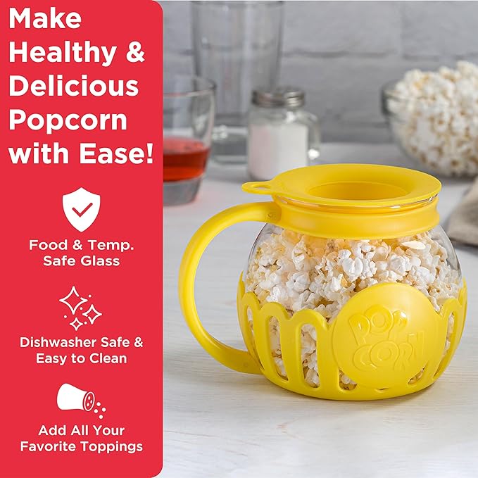 Ecolution Patented Micro-Pop Microwave Popcorn Popper with Temperature Safe Glass, 3-in-1 Lid Measures Kernels and Melts Butter, Made Without BPA, Dishwasher Safe, 1.5-Quart, Yellow (Pack of 4)