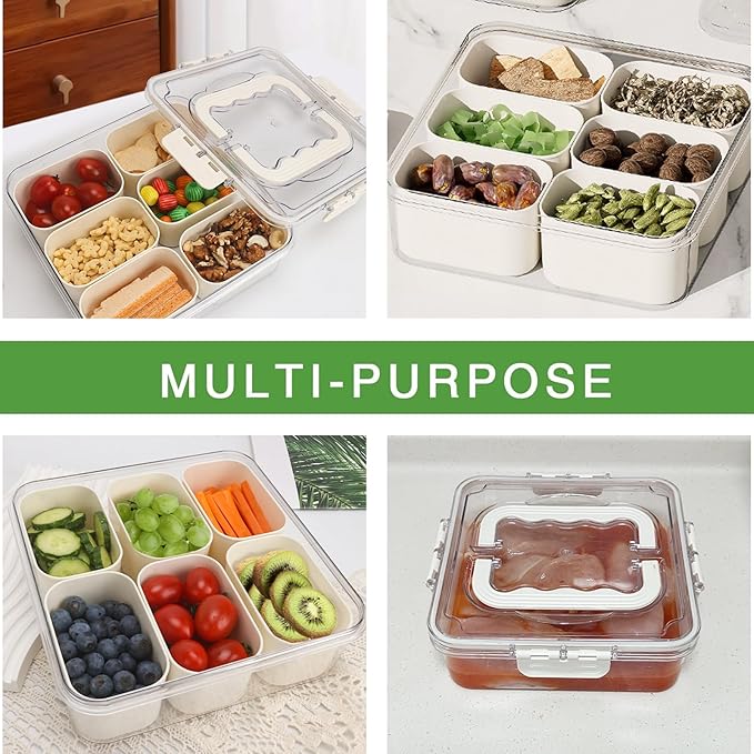 Divided Serving Tray with Lid and Handle, Portable Snack Box Container, 6 Compartments Veggie Fruit Snackle Tray,Charcuterie Box Container for Party, Travel, Entertaining,Picnic, MEDIUM SIZE