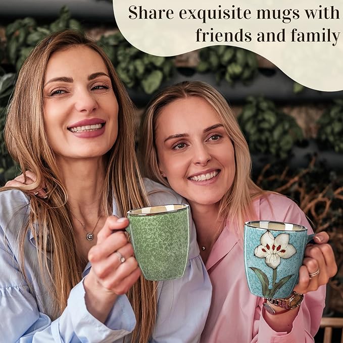 Maxdot 2 Pcs 12oz Ceramic Coffee Mugs Sets Glazing Process Cappuccino Mug Floral Ceramic Tea Cups Mother's Day Idea Gift for Women Mom Porcelain Cup for Coffee, Cocoa, Tea, Latte (Fresh)