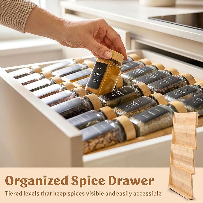 Bamboo Spice Drawer Organizer - Expandable 4 Tier Spice Rack (Need 3" Deep Drawer) 12" to 24" Wide, Seasoning Organizer, Organization Seasoning Rack insert (Jars Not Included)
