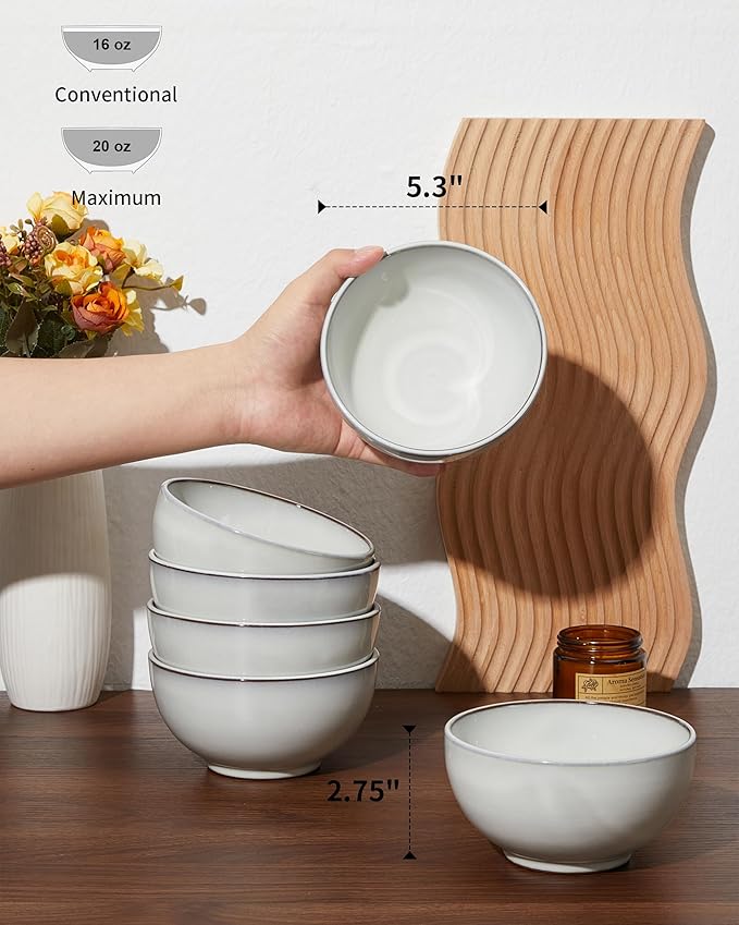 Pokini 5.3" Cereal Bowls & Dessert Bowls Set of 6-20 Oz Small Bowls for Kitchen-Ceramic Bowl for Cereal, Soup, Oatmeal, Salad, Ramen, Noodle, Rice, Yogurt-Dishwasher & Microwave Safe, Moonstone White