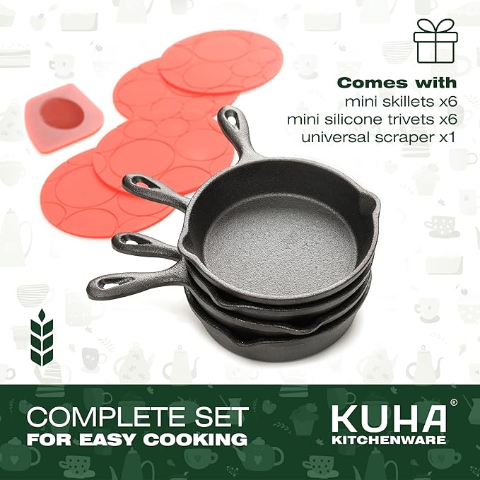KUHA Small Cast Iron Skillet Set | Pre-Seasoned Mini Cast Iron Skillets for Cookies, Eggs & Desserts | For Baking & Serving | 6 Silicone Trivets & Scraper Included | 4", Set of 6