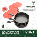 KUHA Small Cast Iron Skillet Set | Pre-Seasoned Mini Cast Iron Skillets for Cookies, Eggs & Desserts | For Baking & Serving | 6 Silicone Trivets & Scraper Included | 4", Set of 6