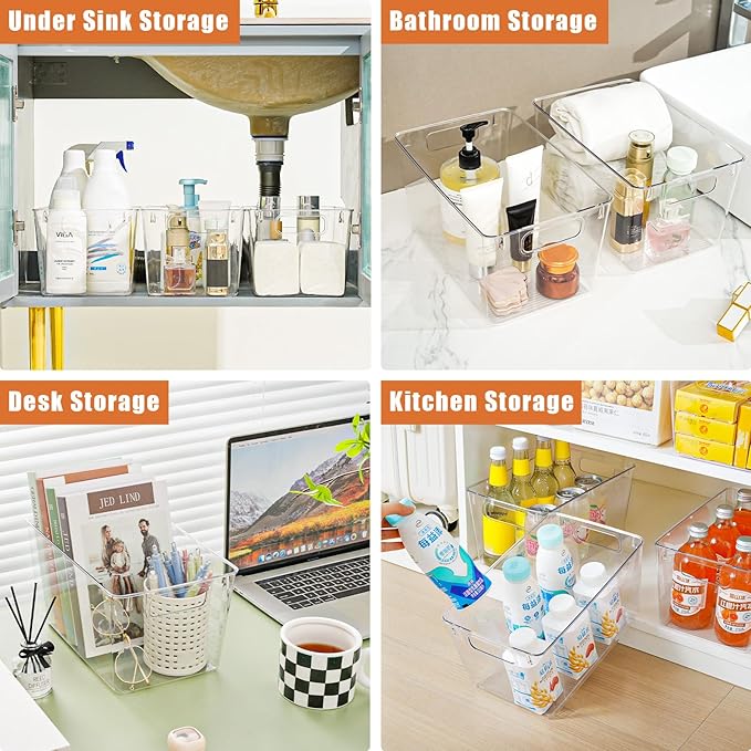 6 Pack Large Clear Plastic Storage Bins,Plastic Containers with Handle for Pantry Organizer and Storage,Perfect for Kitchen,Fridge,Cabinet, Closet,Bathroom Under Sink Storage
