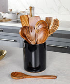 Nucookery Wooden Cooking Utensils Set with Holder, Teak Wood Utensils, Ceramic Holder for Countertop with Protection Cork Bottom, Nonstick Spoons, Cooking Spatula Set, 10 Pcs Kitchen Decor, (Black)