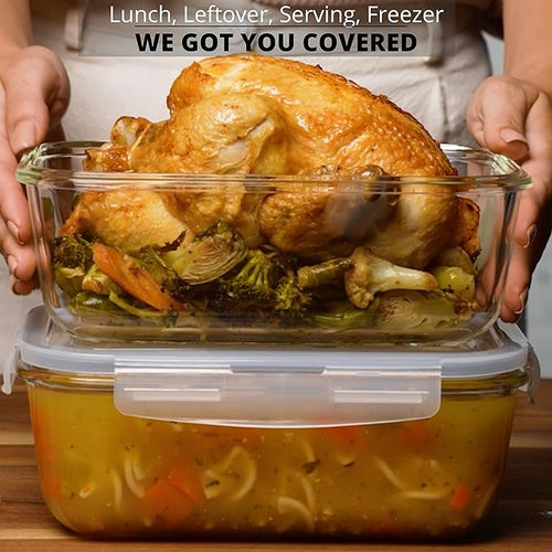 8 Cups/ 63 Oz 4 Piece (2 containers + 2 Lids) Large Glass Food Storage/ Baking Containers with Locking Lids . Ideal for Storing food, vegetables or fruits. BPA Free & Leak Proof -Microwave, Oven Safe