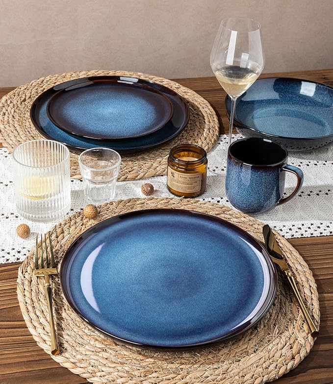 LERATIO Ceramic Dinnerware Sets for 4,16-Piece Reactive Glaze Plates and Bowls Set with Mugs,Highly Chip and Crack Resistant | Dishwasher,Microwave & Oven Safe Dishes set-Blue