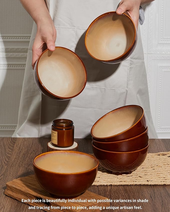 Pokini Reactive Glaze Bowls Set of 6, Microwave and Dishwasher Safe Bowls, Stoneware Soup Bowls, Kitchen Bowl Set for Cereal Soup Rice Pasta Salad Oatmeal, Brown and Yellow