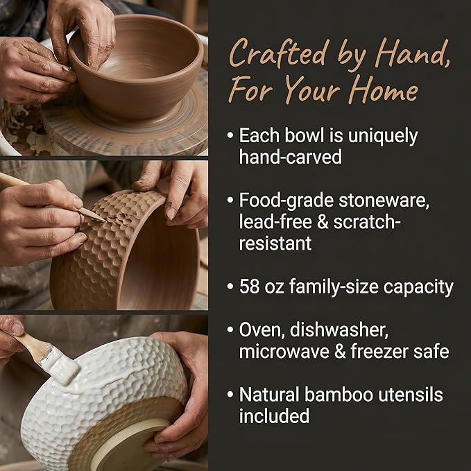 Large Ceramic Dinner Bowl Set - 2-Piece Handmade Salad Bowl Set, 58 oz Each, Dishwasher and Oven Washable, Vanilla White 9.5”