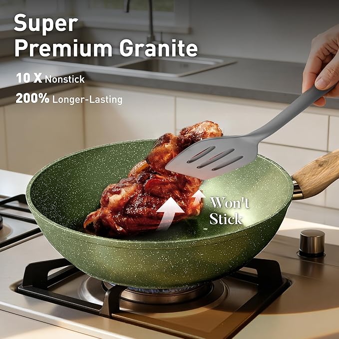 DishDelight Induction Pots and Pans Set Non Stick, 12 Piece Nonstick Induction Granite Kitchen Cookware Sets, Induction Cookware Nonstick Granite Cooking Set, PFOA&PFOS Free, Green