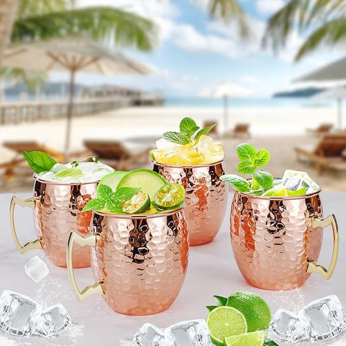 Amrules Moscow Mule Mugs Set of 4, 16 OZ Hammered Copper Cups with 304 Stainless Steel Lining and Gold Brass Handles, for Cold Drinks, Beer, Wine, Bars, Parties