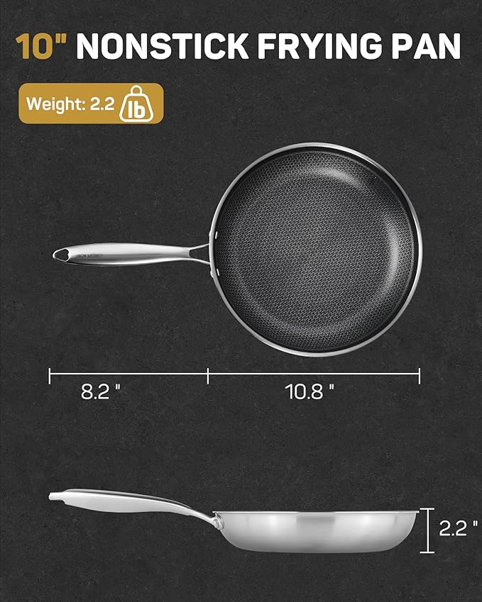 10" Hybrid Nonstick Frying Pan, Stainless Steel Ceramic Nonstick Skillet, Non Stick Pan for Eggs, Steak & Everyday Cooking, Induction Compatible, Oven Safe Cookware