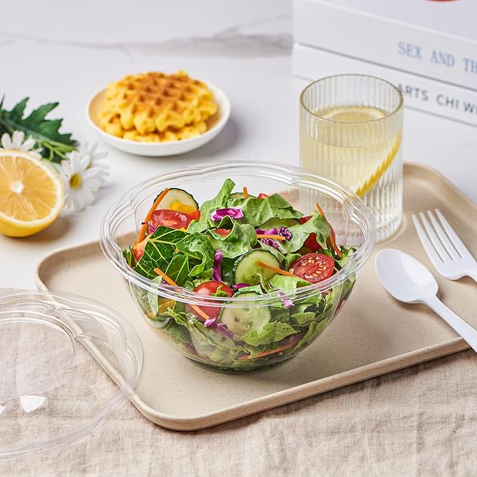 Jaluxing [32 oz. 50 Sets Clear Plastic Salad Bowls with Airtight Lids Disposable To Go Mixing Containers Serving for Fruit, Quinoa, Lunch and Meal Prep