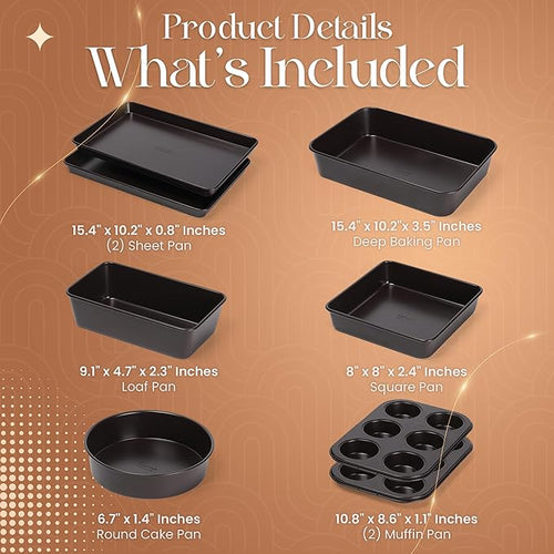 8 Piece Nonstick Stackable Bakeware Set -8 Piece Nonstick Bakeware Set - Easy Storage, 450°F Oven Safe, Durable Design, Muffin, Loaf, Baking Sheets, Round & Square Pan, Roaster; BPA-Free (Dark Brown)