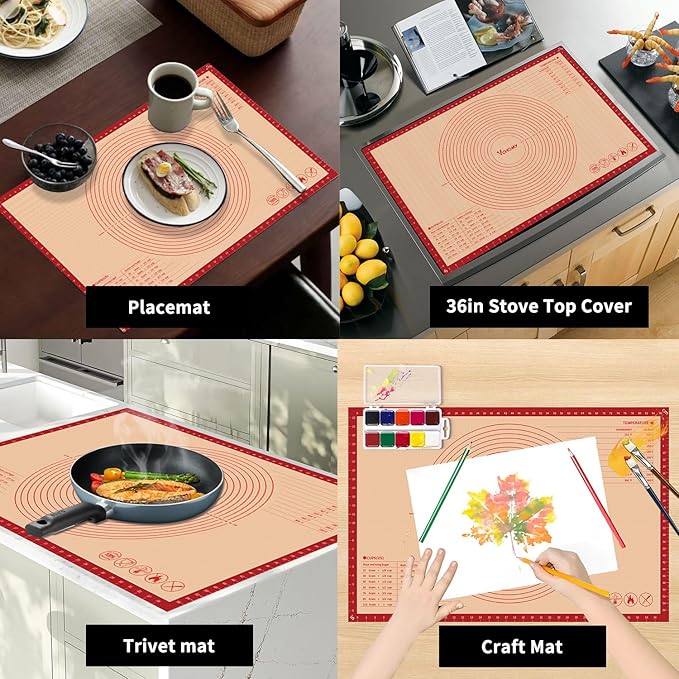 Extra Large Silicone Pastry Mat for Counter Rolling Dough,26x16 Inch,0.75mm Thick,Non Slip Silicone Baking Mat with Measurement(26 x 16 In,Red)