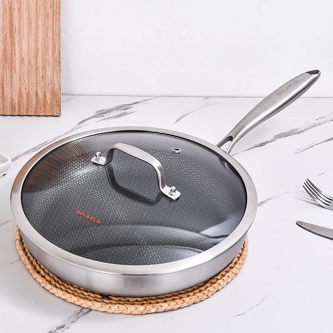 DELARLO Tri-Ply Stainless Steel Pan, 18/10 Frying Pan, Oven Safe Up to 600°F, Nontoxic Cookware, Compatible with All Cooktops Skillet, Durable, Fast Even Heat Fry Pan,12" Hybird Pan