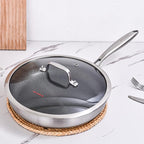 DELARLO Tri-Ply Stainless Steel Pan, 18/10 Frying Pan, Oven Safe Up to 600°F, Nontoxic Cookware, Compatible with All Cooktops Skillet, Durable, Fast Even Heat Fry Pan,12" Hybird Pan
